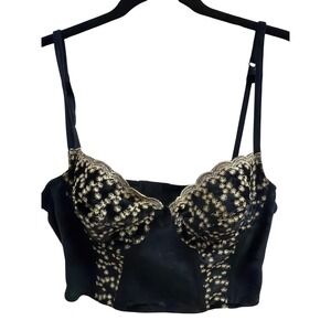 Vintage Huit France Black Velour‎ Embroidered Bustier Bra Top 36B Gold Floral